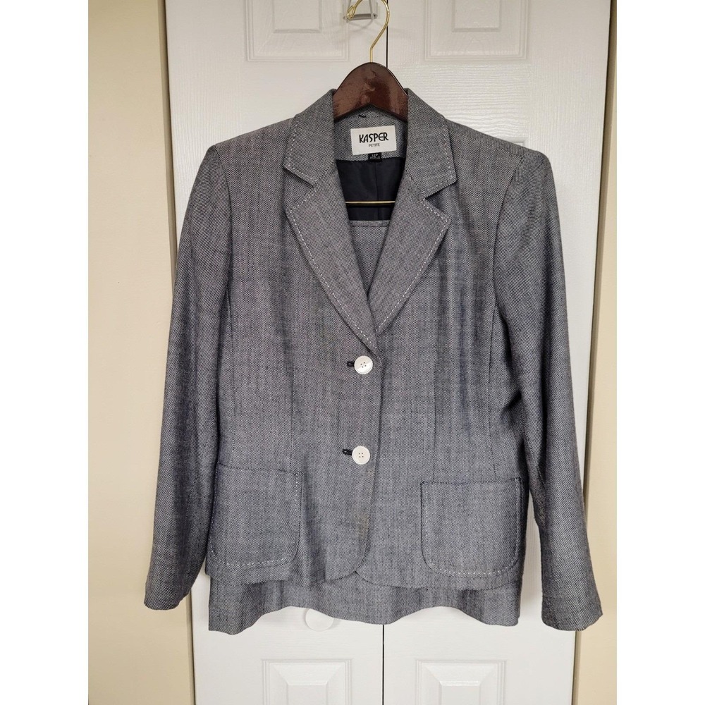 Kasper Womens Blue/White Pique Business Suit Set Skirt Blazer Button Size 12P